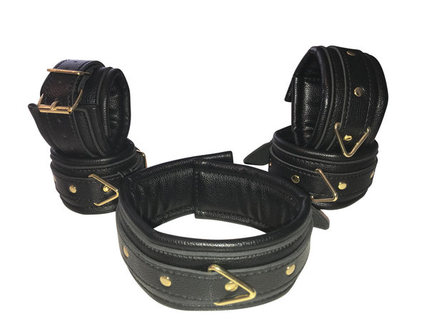 Kunstleder Bondage Set Halsband Handfesseln Fußfesseln Fesselset gepolstert schwarz gold
