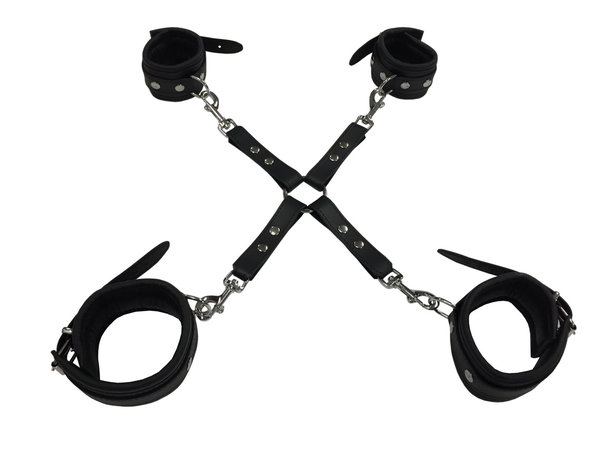 Leder Bondage Set Hogtied Kreuz Fesselset mit Handfesseln Fußfesseln gepolstert schwarz