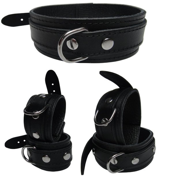 Leder Bondage Set Halsband Handfesseln Fußfesseln Fesselset ungepolstert schwarz