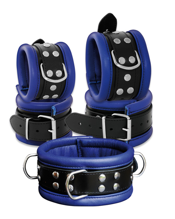 Leder HQ Bondage Set Halsband Handfesseln Fußfesseln Fesselset gepolstert blau