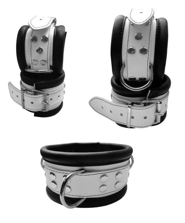 Leder HQ Bondage Set Halsband Handfesseln Fußfesseln Fesselset gepolstert weiß
