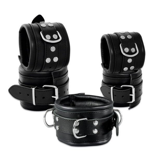 Leder 80mm Bondage Set Halsband Handfesseln Fußfesseln Fesselset gepolstert schwarz