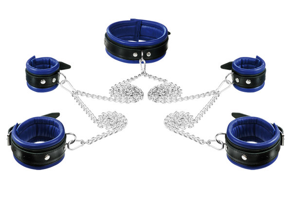 Leder Ketten Bondage Set Halsband Handfesseln Fußfesseln Fesselset gepolstert blau