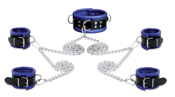 Leder HQ Ketten Bondage Set Halsband Handfesseln Fußfesseln Fesselset gepolstert blau