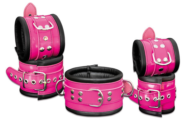 Leder Bondage Set Halsband Handfesseln Fußfesseln Fesselset gepolstert rosa