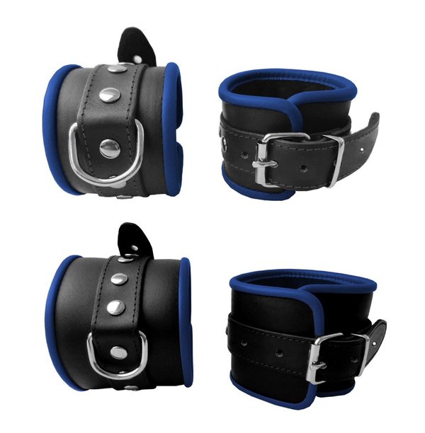 Leder extra breites Bondage Set Handfesseln Fußfessel Fesselset blau