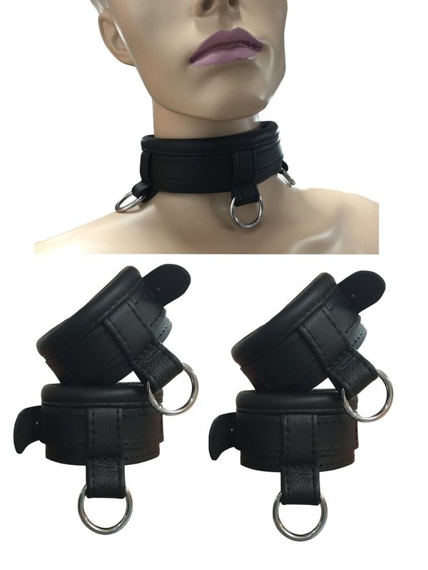 Leder Bondage Set Halsband Handfesseln Fußfesseln Fesselset mit Down-Ring gepolstert schwarz