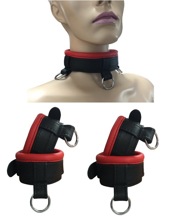 Leder Bondage Set Halsband Handfesseln Fußfesseln Fesselset mit Down-Ring gepolstert rot