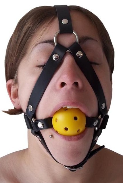 Bondage Leder Harness Ball Mundknebel gelb mit Löcher 45mm