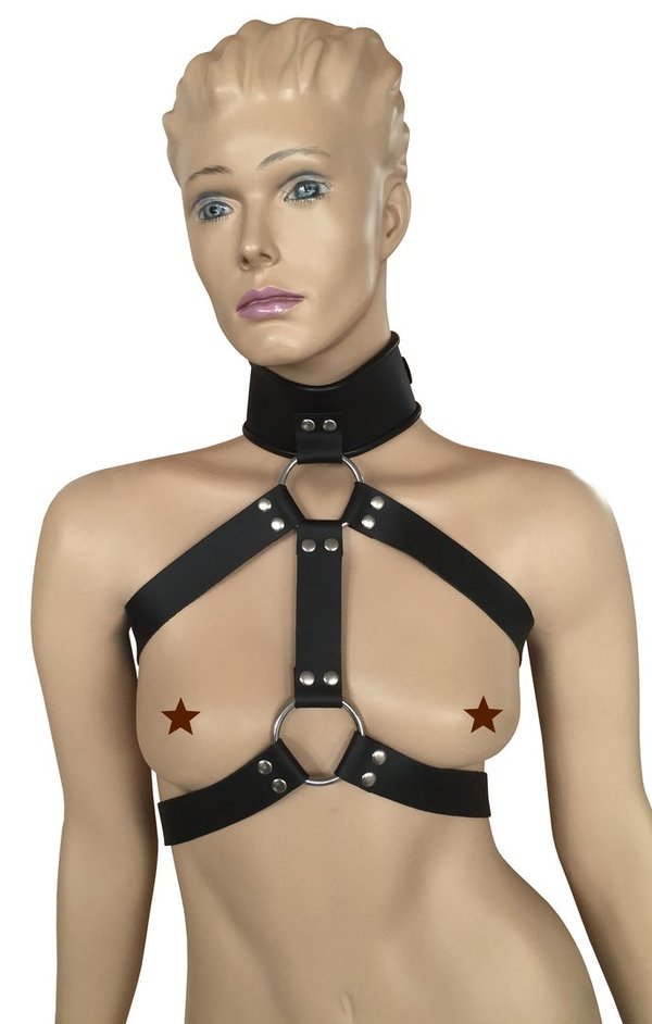 Leder Damen Brust Body mit Halsband schwarz
