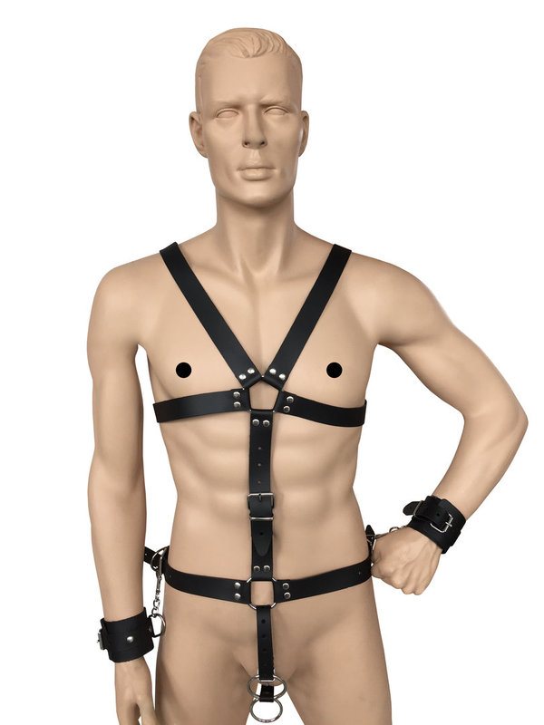 Leder Herren Riemen Body Harness schwarz mit Handfesseln und Cockring