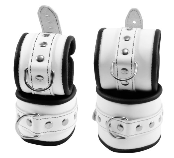Leder extra breites Bondage Set Handfesseln Fußfessel Fesselset weiß