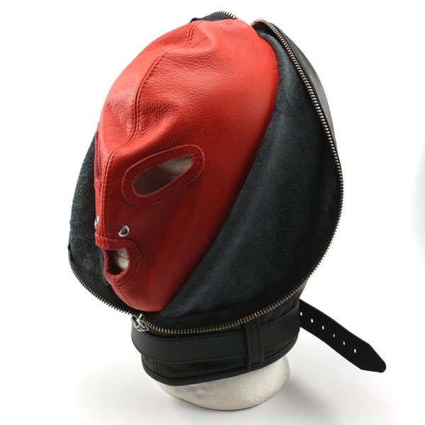 Leder Kopfmaske RED mit Reißverschluss schwarz