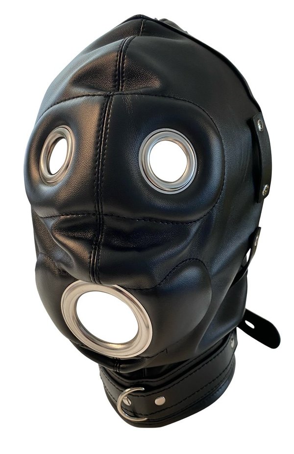 Leder Kopfmaske schwarz mit Latex Dildo Mundknebel und Augenbinde
