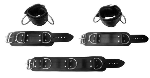 Leder Bondage Set BIG Halsband Handfesseln Fußfesseln Fesselset gepolstert schwarz