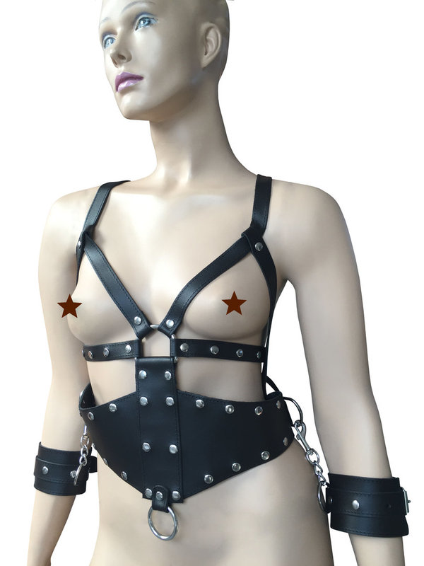 BDSM Damen Riemen Body Harness mit Handfesseln schwarz