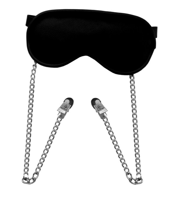 Bondage Leder Augenmaske mit Nippelklammern