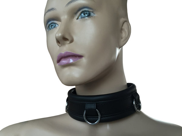 Leder Bondage Halsband gepolstert schwarz mit 3 O Ringen