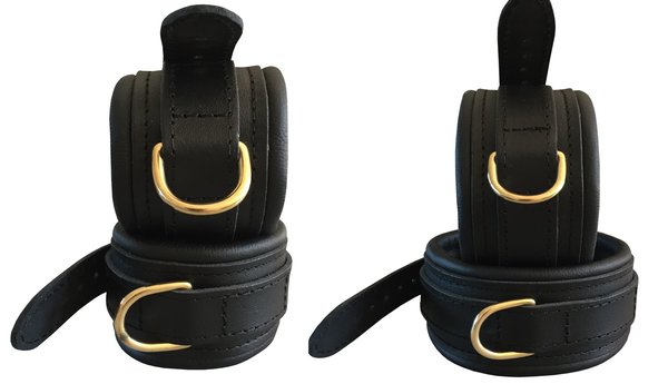 Leder Bondage Set Handfesseln Fußfesseln Fesselset gepolstert schwarz mit D Ring