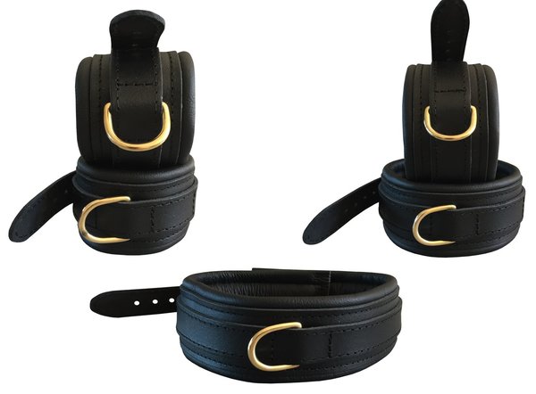 Leder Bondage Set Halsband Handfesseln Fußfesseln Fesselset gepolstert schwarz mit D Ringen