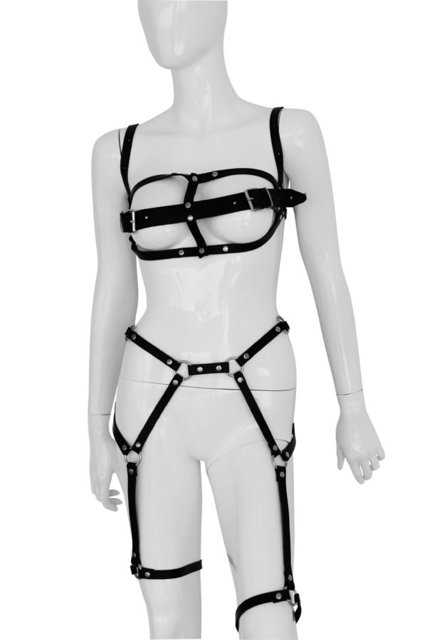 Damen Leder Riemen Body Set mit Brustriemen schwarz